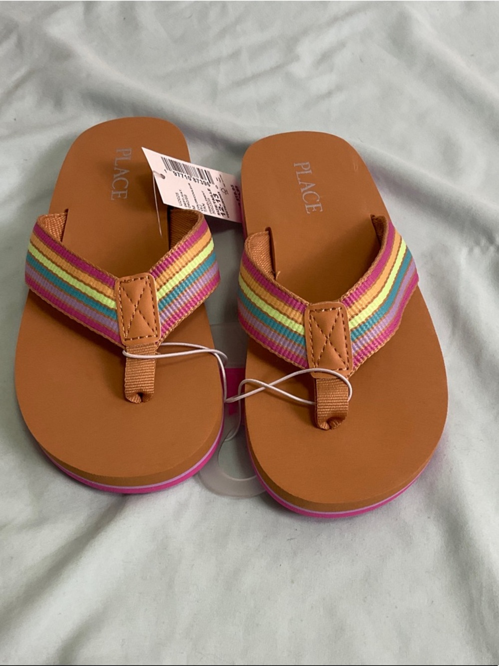 The Children's Place Tan Flip Flops with Rainbow Stripe Straps